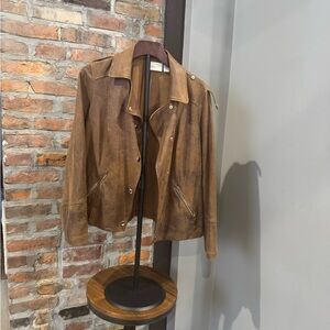 Chico's Brown Leather Look Jacket with Gold Accents
